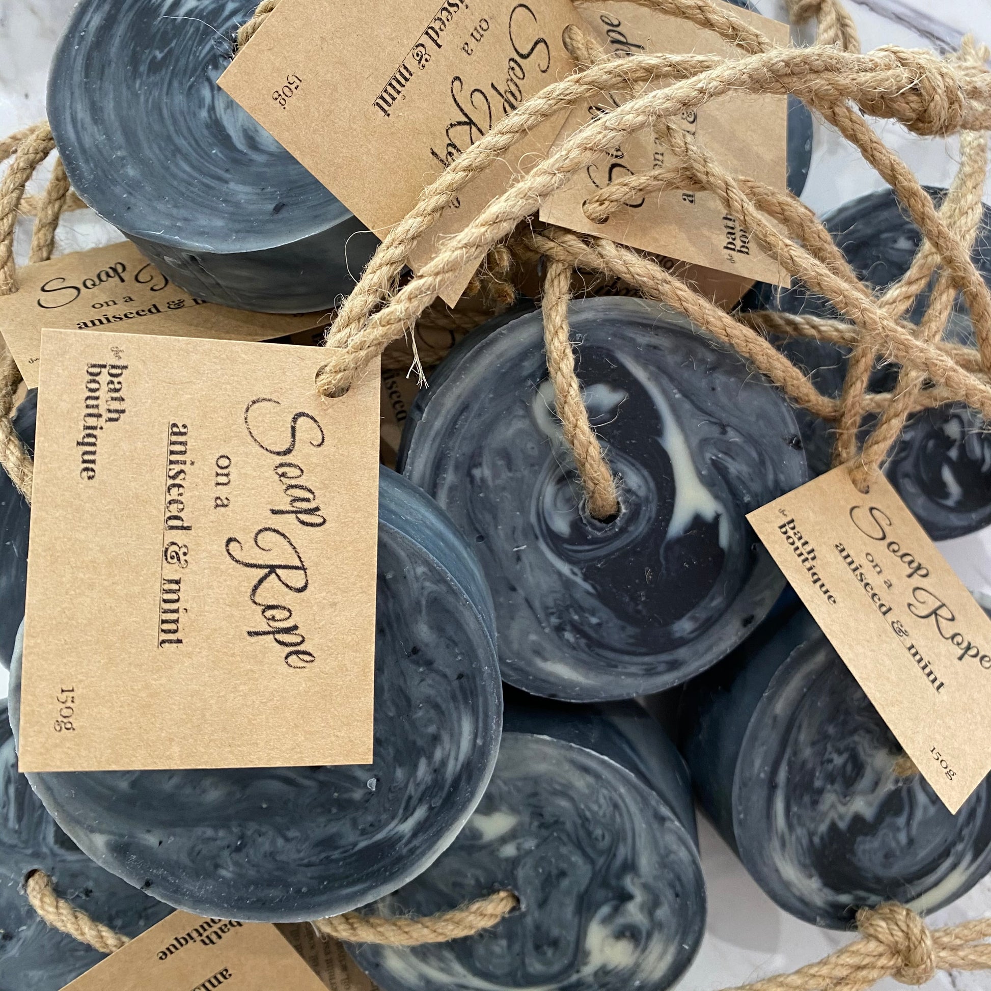 aniseed and mint Scented Soap On A Rope Scented round circle Soap Bar black and white activated charcoal soap handmade and vegan friendly Melbourne Australia